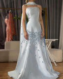 Cute Light Blue Floral Mermaid Prom Dresses Long Formal Party Dress Prom Gown HZ0311