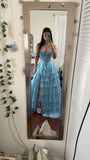 Modest Ball Gown Sweetheart Blue Chiffon Multi Layers Corset Princess Prom Dresses Evening Gown HZ0311