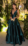 Modest A Line V Neck Dark Green Satin Prom Dresses Long for Women Ruffle Formal Evening Gown HZ0311