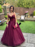 Modest Ball Gown Spaghetti Strap Burgundy Tulle Corset Pleated Princess Prom Dresses Evening Gown HZ0311