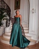Modest Ball Gown Strapless Dark Green Satin Prom Dresses Long for Women Formal Evening Gown HZ0311