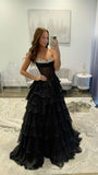 Blue Chiffon Tiered Ball Gown Sweetheart Prom Dresses Long for Women Black Ruffle Formal Evening Gown HZ0311