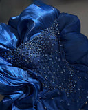 Modest Mermaid Strapless Royal Blue Organza Corset Princess Prom Dresses Evening Gown HZ0311
