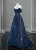A-line Navy Blue Tulle Sweetheart Prom Dress, Navy Blue Long Evening Gown Vestidos De Dia HZ0311