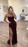 Aesthetic Mermaid Halter Burgundy Dark Red Sequins With Slit Long formal dresses Evening Prom Dresses HZ0311