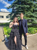 Ball Gown Strapless Black Prom Dresses Fashion Evening With Slit Sequin Long Formal Party Gowns HZ0311