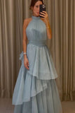 Modest A line High Neck Light Sky Blue Sleeveless Tulle Long Prom Dresses Evening Gowns HZ0311