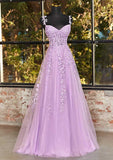 A-line V Neck Sleeveless Sweep Train Tulle Prom Dress with Appliqued Beading HZ0311