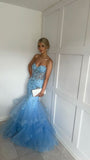 Floral Mermaid Sky Blue Prom Dress Strapless Long Formal Dress Evening Dress HZ0311