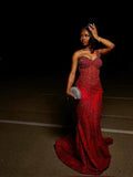 Sexy Mermaid One Shoulder Burgundy Sequin Formal Gown 23rd Birthday Dress Prom Dresses Black Girl 20th Birthday Outfits For Teens HZ0311