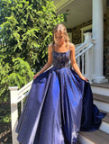 A Line Spaghetti Straps Navy Blue Satin With Beadings Backless Party Long Prom Dresses HZ0311