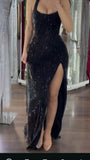 Modest Mermaid Halter Black Sequins Long Prom Dress Long Halter Formal Dresses for Women HZ0311