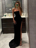 Lovely Black Sheath Jersey Ruffles Strapless Sleeveless Sweep Brush Train Prom Dress HZ0311