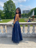 A Line Spaghetti Straps Navy Blue Satin Lace Backless Party Long Prom Dresses HZ0311