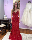 Mermaid Spaghetti Straps Red Lace Sparkly Party Long Prom Dresses HZ0311