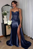 Sweetheart Ruched Satin Beadings Mermaid Prom Dress with Side Slit HZ0311