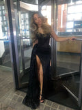 Sexy Black Lace Sequin Slit Mermaid Long Prom Dress Evening Dress HZ0311