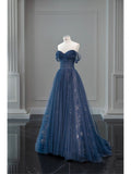 A-Line Off Shoulder Tulle Lace Dark Blue Long Prom Dresses HZ0311