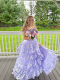 A-Line Lace Off-the-Shoulder Tiered Long Prom Dress with Slit Formal Evening Gowns HZ0311