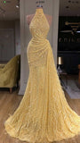 Yellow Evening Dress Long High Neck Sparkly Feather Luxury Bling Evening Gown Formal Prom Dress HZ0311