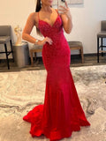 Shiny Mermaid V Neck Glitter Satin Prom Dress Beaded Prom Dress Party Gowns HZ0311