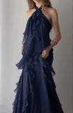 Stunning A Line Halter Navy Blue Chiffon Long Prom Dresses Inspiration Unique Party Formal Graduation Dress HZ0311
