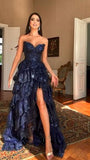 Chic Ball Gown Sweetheart Navy Blue Lace Slit Prom Dresses Long for Women Formal Evening Gown HZ0311
