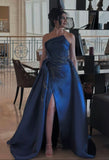 Modest Sheath Strapless Navy Blue Appliqued Beads Slit Prom Dresses Long for Women Formal Evening Gown HZ0311