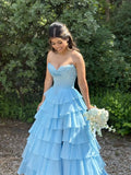 Blue Chiffon Tiered A Line Prom Dresses Long for Women Corset Ruffle Side Slit Formal Evening Gown HZ0311