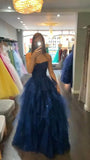 Modest Ball Gown Strapless Navy Blue Tulle Corset Princess Prom Dresses Evening Gown HZ0311