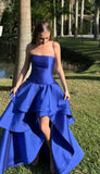 Chic Ball Gown Strapless Royal Blue Satin Prom Dresses Long for Women Formal Evening Gown HZ0311