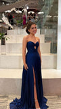 Modest A Line Sweetheart Chiffon Royal Blue Slit Prom Dresses Long for Women Formal Evening Gown HZ0311