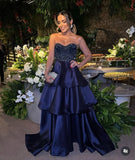 New Ball Gown Sweetheart Navy Blue Satin Prom Dresses Long for Women Formal Layers Evening Gown HZ0311