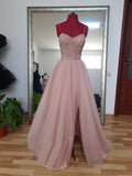 Unique A line Spaghetti Strap Pink Tulle Slit Prom Dresses With Beaded For Teens Formal Dress Party Outfits Prom Gown HZ0311
