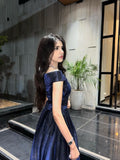 A Line Dark Navy Off-The-Shoulder Long Train Prom Dress Inspo Prom Gown HZ0311