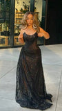 Sexy Black Lace Sequin Slit Mermaid Long Prom Dress Evening Dress HZ0311