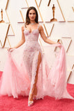 Elegant Mermaid Spaghetti Straps Pink Sleeveless Lace Slit Long Tulle Prom Dresses Vestidos De Dia HZ0311