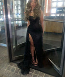Sexy Black Lace Sequin Slit Mermaid Long Prom Dress Evening Dress HZ0311