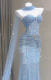 Blue Mermaid Prom Dress Aesthetic Sweetheart Tulle Long Formal Evening Dresses HZ0311