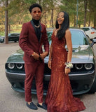 Sexy Mermaid Spaghetti Straps Burgundy Lace Ruffled Prom Dresses Evening Gown HZ0311