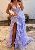 A-Line Lace Off-the-Shoulder Tiered Long Prom Dress with Slit Formal Evening Gowns HZ0311