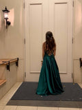 Modest A line Spaghetti Strap Dark Green Satin Prom Dresses Long for Women Formal Evening Gown HZ0311