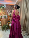 Modest A Line Satin Fuchsia Open Back With Bow Prom Dresses Long for Women Formal Evening Gown HZ0311