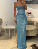 Dream Mermaid Sweetheart Aesthetic Sheath Long Prom Dresses Mesh Blue Evening Dresses HZ0311
