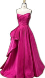 A-line Fuchsia Satin Strapless Pleats Prom Dresses Birthday Outfits HZ0311