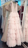 A Line V Neck Pink Tulle Long Prom Dresses Evening Dress Sweet 15 16 Gown HZ0311