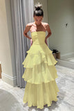 Elegant Strapless Tiered Floor Length Prom Dress, A Line Ruched Long Formal Evening Dress HZ0311