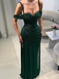 Glitter Off-Shoulder Column Pleated Floor-Length Evening Gowns with High Slit Party Dress HZ0311