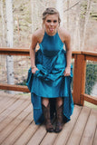 New Arrival A Line Halter Teal Blue Satin Long Prom Dresses Inspo Formal Night Party Dress HZ0311