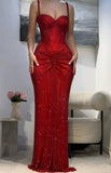 Straps Sheath Evening Dress Burgundy Red Modest Rhinestone Long Prom Dress HZ0311